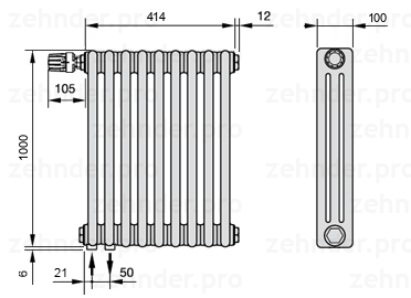 Схема (чертеж) Радиатор Zehnder Charleston 3100/9 №V001 Белый глянцевый RAL 9016